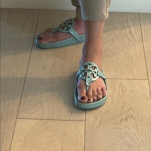Tory Burch Blue Sandals with Medallion Design miller cloud with green dust bag